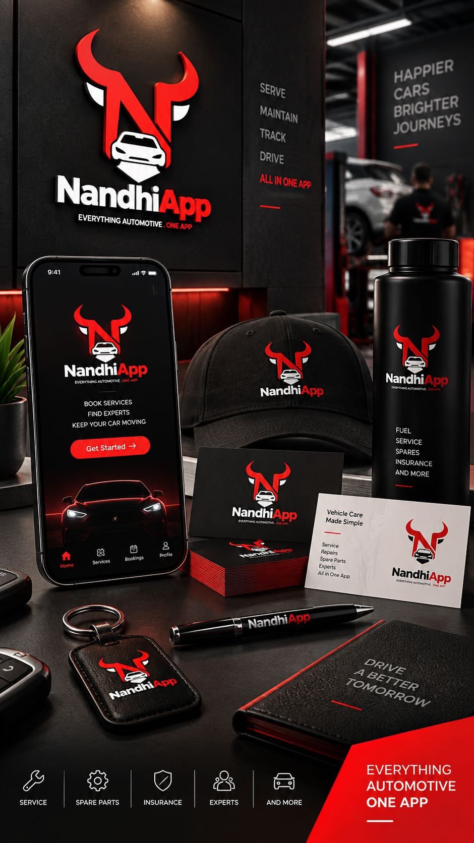 NandhiApp smartphone interface with branded merchandise