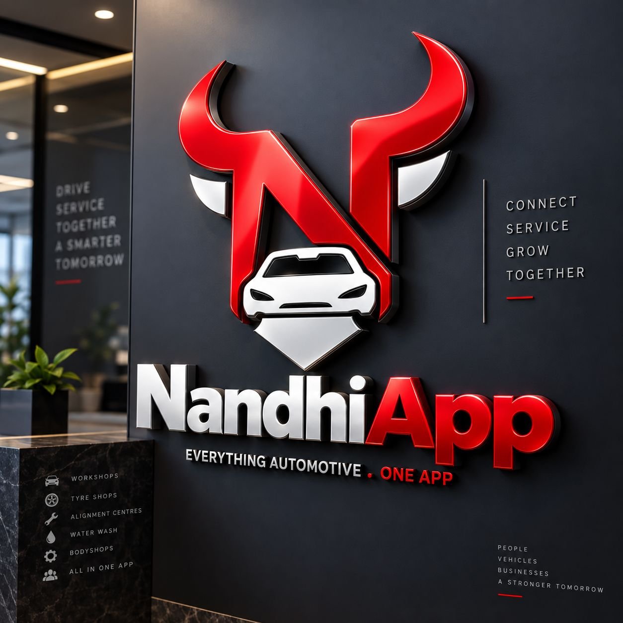 NandhiApp 3D bull logo signage mounted on the wall of a modern office